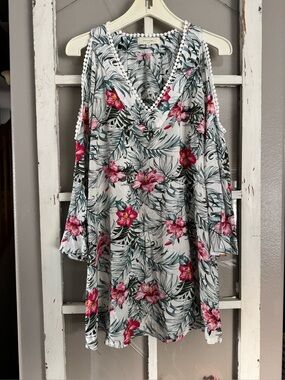 Solitaire V-neck White Swim Tunic with Pink and Teal Tropical Print-New!